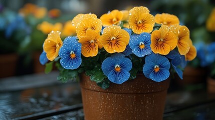 Close-up of Yellow and Blue Pansies with Water Droplets in a Brown Pot