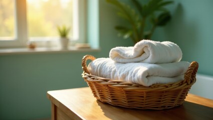 Sunlight illuminates a wicker basket filled with freshly laundered, fluffy white towels resting on a wooden surface near a window.