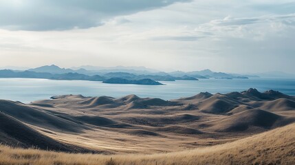 Fototapeta premium Rolling Hills Overlooking Serene Coastal Mountains