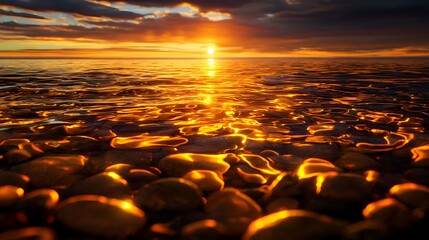 Obraz premium Serene Sunset Over Calm Ocean Waters with Golden Reflections