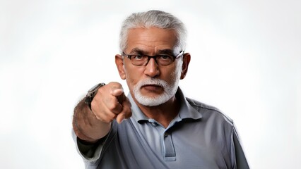 Fototapeta premium Angry grandpa pointing his index finger directly at the camera expressing frustration and power on a white background. The essence of strictness and the importance of being heard.