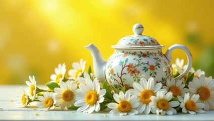 A delicate porcelain teapot adorned with floral patterns rests amidst a charming arrangement of fresh daisies, creating a serene and idyllic springtime scene.