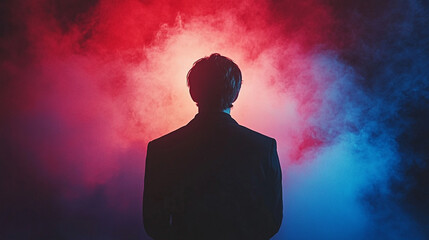 A back view silhouette of a man in a space concept background, highlighting the universe, astronomy, and the night sky, with abstract and minimalistic elements, bright tones, and a blurred cosmic atmo