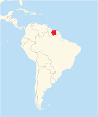 Fototapeta premium Location Map of the country Suriname in South America. The country is highlighted with a red polygon. No labels at all.