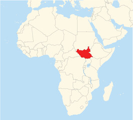 Obraz premium Location Map of the country South Sudan in Africa. The country is highlighted with a red polygon. No labels at all.