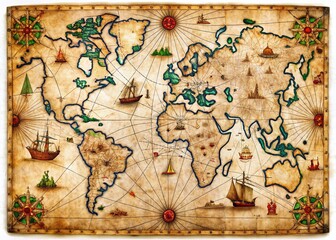 Hand-Drawn Map of 15th Century Transatlantic Voyage, Columbus Expedition, Exploration, Cartography, Vintage Illustration