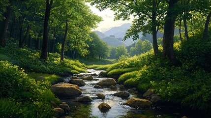 Obraz premium Serene Forest Stream with Sunlight Filtering Through Green Leaves