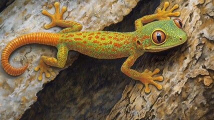Close-Up Portrait of a Green and Orange Gecko on a Tree Bark