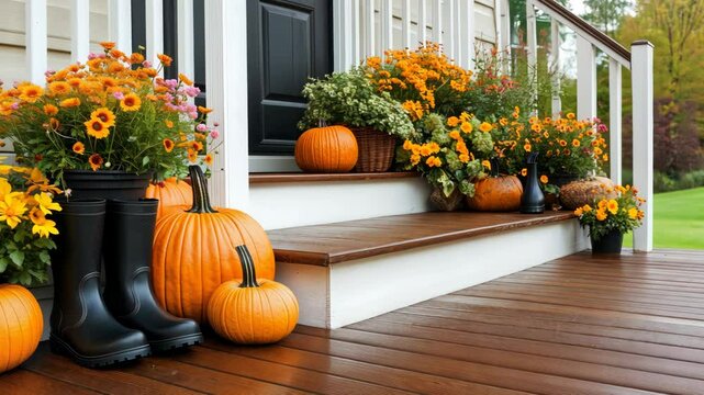 A charming porch adorned with vibrant flowers and pumpkins celebrates the beauty of autumn in a cozy home setting