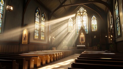 Sunbeams Illuminate A Churches Stained Glass Windows And Pews