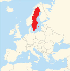 Location Map of the country Sweden in Europe. The country is highlighted with a red polygon. No labels at all.