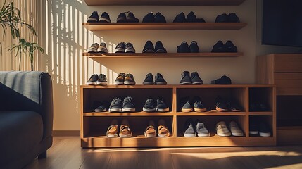 Organized Shoe Collection In Wooden Shelving Units