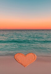 Fototapeta premium Heart Shape Made of Sand on Tranquil Beach at Sunset with Vibrant Colors
