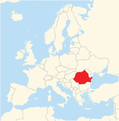 Obraz premium Location Map of the country Romania in Europe. The country is highlighted with a red polygon. No labels at all.