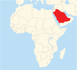 Location Map of the country Saudi Arabia in Asia. The country is highlighted with a red polygon. No labels at all.