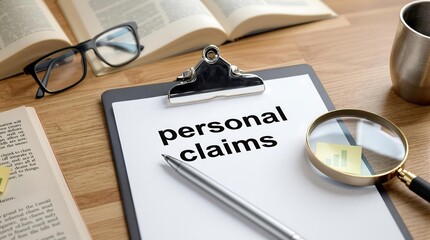 Detailed preparation for personal injury claims with notepad, pen, magnifying glass, and sticky note on a wooden desk, emphasizing legal documentation