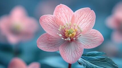 Delicate Pink Flower with Detailed Veins and Yellow Center against a Blurred Background