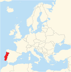 Location Map of the country Portugal in Europe. The country is highlighted with a red polygon. No labels at all.