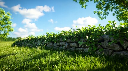 Lush Green Grass and Stone Wall Under Clear Blue Sky in Nature
