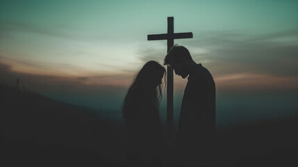 Mixed-faith couple praying together at a wooden cross under a serene dusk sky.
