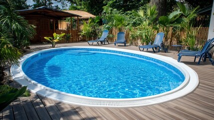 Round Above Ground Pool in Lush Tropical Garden Setting