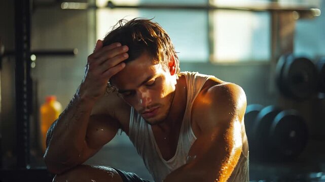 Schwitzer junger Mann im Fitnessstudio nach einem intensiven Workout

