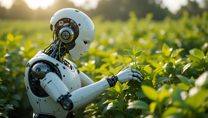 High-Tech Humanoid Robot Working at Digital Interface – AI Integration in Various Industrie