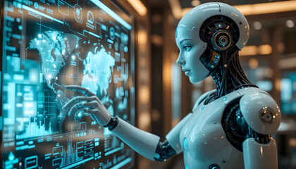 High-Tech Humanoid Robot Working at Digital Interface – AI Integration in Various Industrie