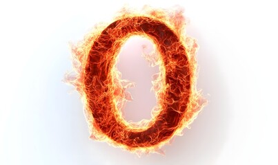 Fiery number zero, burning, white background, graphic design element