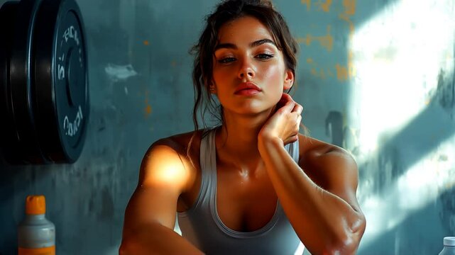 Schwitzende junge Frau im Fitnessstudio nach einem intensiven Training

