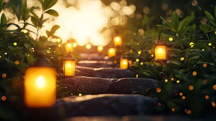 Serene Pathway with Lanterns Illuminated by Soft Sunlight Glow