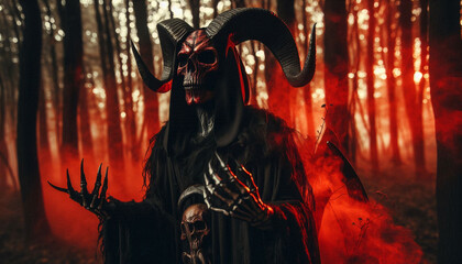 Grim reaper with horns in the forest. Halloween concept, Baphomet demon, goat god Lucifer. Generative AI.