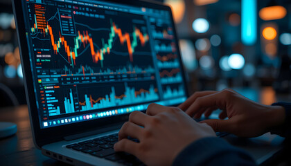 Laptop Displaying Trading Graphs and Financial Data, Stock Market Trends and Analysis