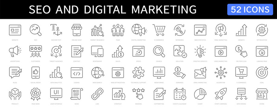 SEO and Digital marketing thin line icon set. Search engine optimization icons. Editable stroke. Vector