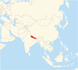 Location Map of the country Nepal in Asia. The country is highlighted with a red polygon. No labels at all.