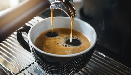 Steaming cappuccino coffee pouring into mug from espresso machine. Tasty hot drink.