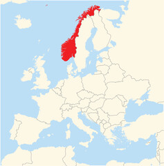 Location Map of the country Norway in Europe. The country is highlighted with a red polygon. No labels at all.