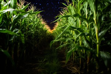 Spectacular nighttime blaze illuminates a corn field with flickering flames and glowing embers