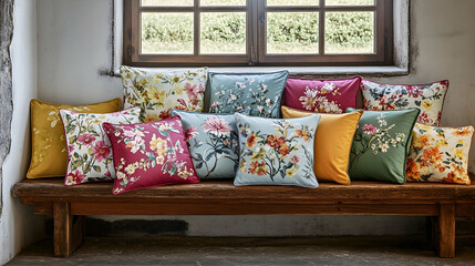 Fototapeta premium A vibrant display of decorative cushions with floral patterns, arranged on a rustic wooden bench near a window