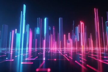 Fototapeta premium Modern digital abstract 3D surface background. Surface with volumetric graphs columns in neon colors.