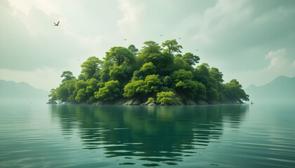 Lush Green Island Surrounded by Calm Blue Ocean – Symbolizing Nature Preservation