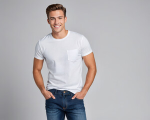 Fototapeta premium Young man wearing white t-shirt and jeans isolated on grey background