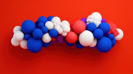 Abstract Balloon Cluster: A vibrant cluster of blue, red, white, and purple balloons forms a dynamic abstract shape against a bold red backdrop. The balloons, each a unique shade and texture.