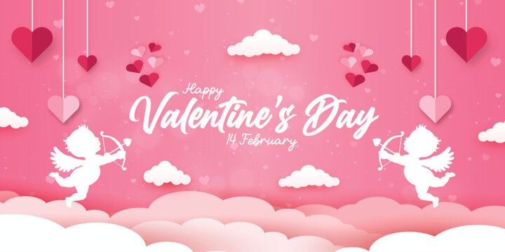 happy valentine day, heart shape and cupid on sky, Paper art style