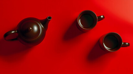 Traditional tea set in deep brown on a vibrant red surface with warm mugs inviting a cozy gathering