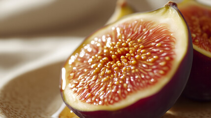 Halved purple figs displayed on a plate showcasing rich color and texture, perfect for culinary use or presentation