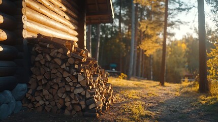 A woodpile rests against a rustic log cabin in an autumn forest
