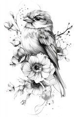 Obraz premium Bird Perched Among Blooming Flowers Illustration Black and White Style Delicate Floral Arrangement