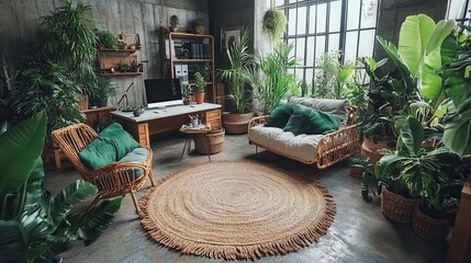 Serene and Lush Indoor Workspace with Abundant Greenery