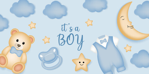 Baby shower design with moon, star, teddy bear, pacifier and dress on blue background. It's a boy design.